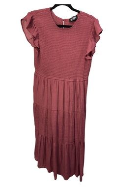 Sweet Wanderer Dusty Rose Smocked Tiered Ruffle Sleeve Dress